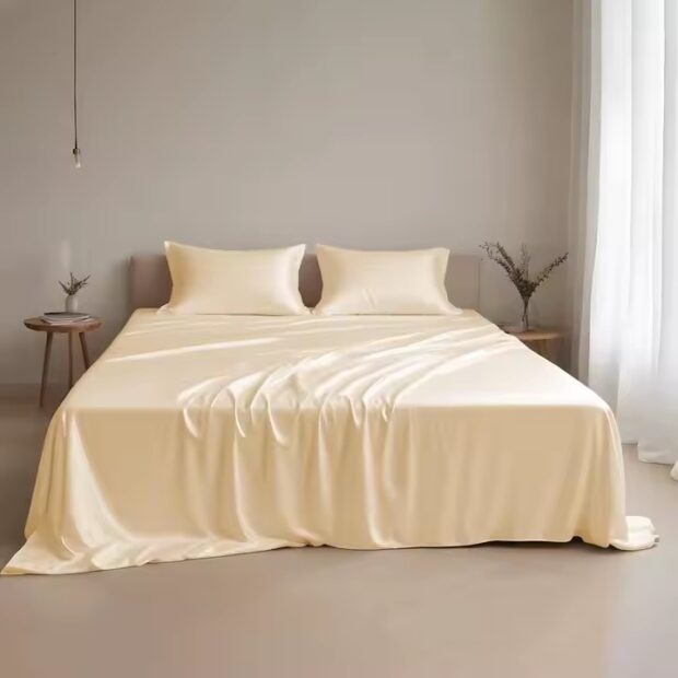 Breathable silky solid color satin bed sheet in elegant design