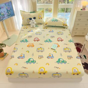 Full-cover cartoon kids fitted sheet with colorful playful prints