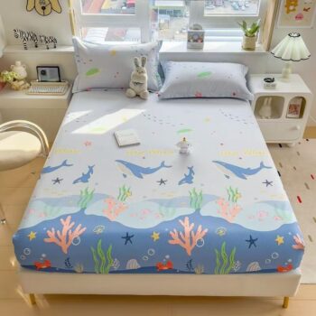 Full-cover cartoon kids fitted sheet with colorful playful prints