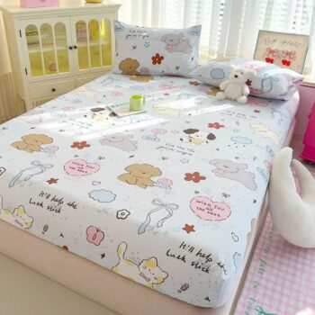 Washed cotton non-slip cartoon fitted sheet for children’s beds