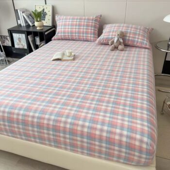 Nordic striped and check patterned fitted sheet for modern bedroom décor