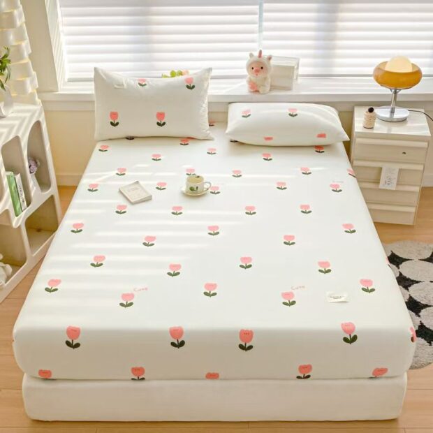 Fresh pure cotton printed dust-proof non-slip fitted sheet