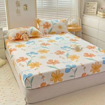Breathable pure cotton printed fitted sheet for home bedroom use