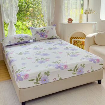 Breathable pure cotton printed fitted sheet for home bedroom use